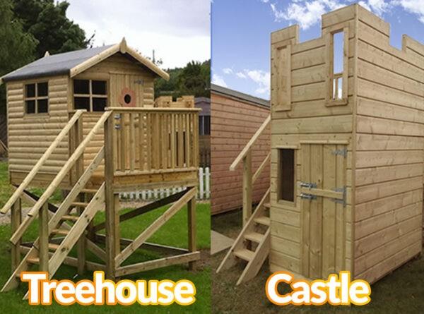 A wooden tree house and a wooden childrens castle next to each other