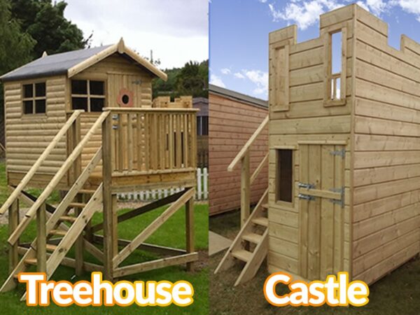 A wooden tree house and a wooden childrens castle next to each other