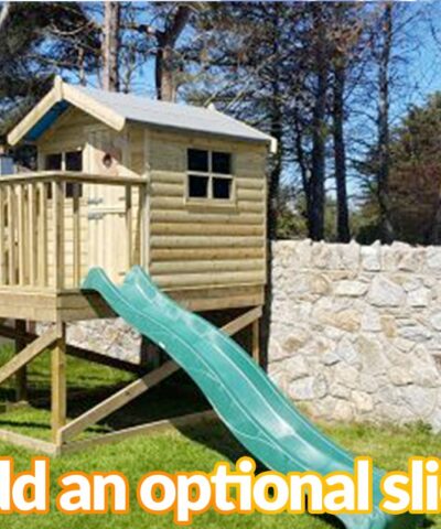 A picture of the treehouse with a slide attached to it. The slide it bright green and slightly wavy, rather than straight. It says 'add an optional slide' on it.