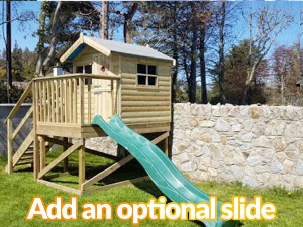 A picture of the treehouse with a slide attached to it. The slide it bright green and slightly wavy, rather than straight. It says 'add an optional slide' on it.
