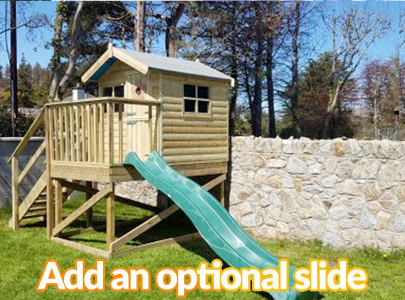A picture of the treehouse with a slide attached to it. The slide it bright green and slightly wavy, rather than straight. It says 'add an optional slide' on it.