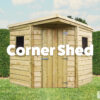 a corner shed, against two walls in an Irish back garden. There are flowers in the foreground and a chair to the side of the shed. The shed is unusual in shape, as one corner appears to have been cut off. The door is on this truncated corner, with 2 windows, one on either side of the door.