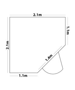 A map of the dimensions of the shed. There 5 sides to it. 2 are 2.1m, these are the back walls. 2 walls are 1.1m and these are connected by the wall with the door which is 1.4m long.