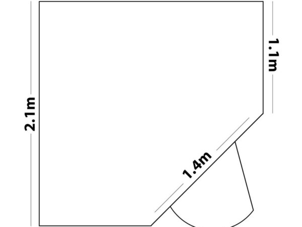 A map of the dimensions of the shed. There 5 sides to it. 2 are 2.1m, these are the back walls. 2 walls are 1.1m and these are connected by the wall with the door which is 1.4m long.