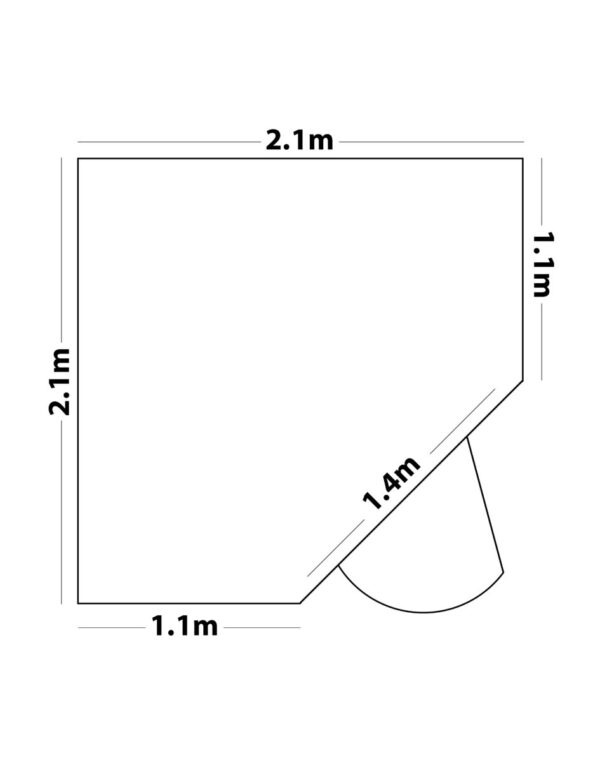 A map of the dimensions of the shed. There 5 sides to it. 2 are 2.1m, these are the back walls. 2 walls are 1.1m and these are connected by the wall with the door which is 1.4m long.