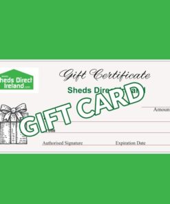 A view of the Sheds Direct Ireland Gift Card. It is customisable and has the brand logo and a picture of a present to the left hand side.