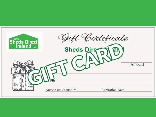 A view of the Sheds Direct Ireland Gift Card. It is customisable and has the brand logo and a picture of a present to the left hand side.
