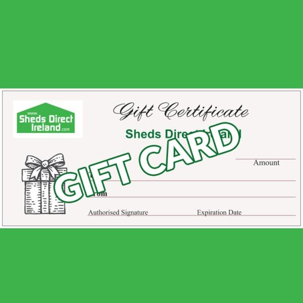 A view of the Sheds Direct Ireland Gift Card. It is customisable and has the brand logo and a picture of a present to the left hand side.