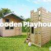 A wooden children's playhouse in a castle style. It is a brightly coloured wooden structure, that looks like a castle. There is a small window and door at a child's height and a ladder. There are two holes at the top of the structure, like you would see in a round tower.