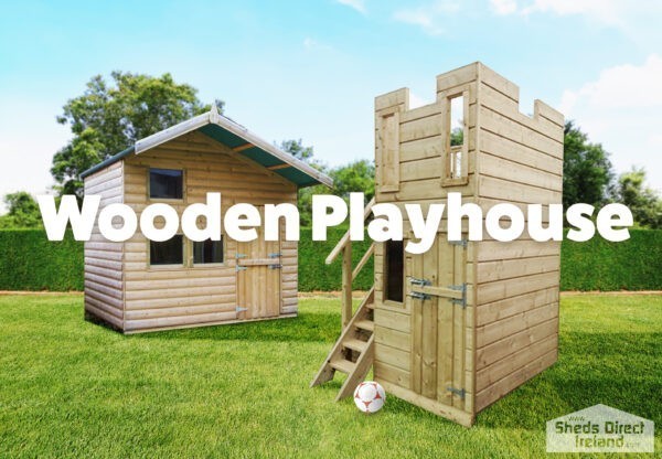 A wooden children's playhouse in a castle style. It is a brightly coloured wooden structure, that looks like a castle. There is a small window and door at a child's height and a ladder. There are two holes at the top of the structure, like you would see in a round tower.