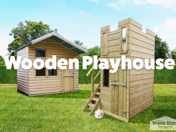 A wooden children's playhouse in a castle style. It is a brightly coloured wooden structure, that looks like a castle. There is a small window and door at a child's height and a ladder. There are two holes at the top of the structure, like you would see in a round tower.