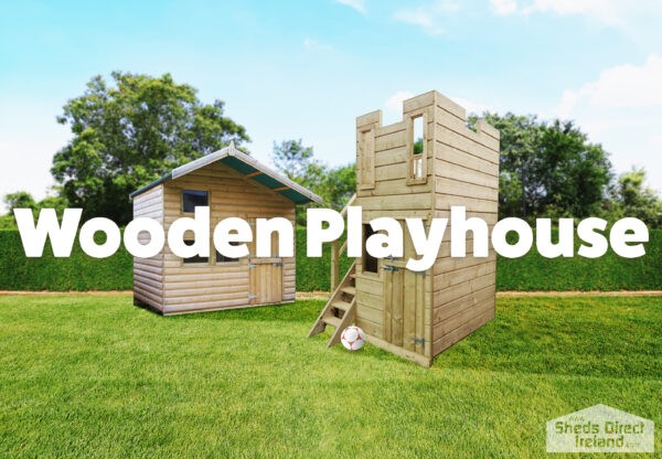 A wooden children's playhouse in a castle style. It is a brightly coloured wooden structure, that looks like a castle. There is a small window and door at a child's height and a ladder. There are two holes at the top of the structure, like you would see in a round tower.