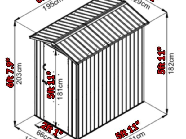 A drawing of the shed with the dimensions overlaid onto it. The eve height is 5 foot 11 inches, the apex is 6ft 7.9 inches. It's 3ft 10 inches wide and 5ft 11 inches deep. The door opens 2ft 1 inch wide.