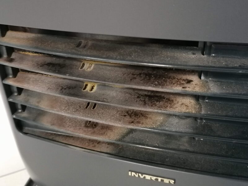 The dirt and corrosion on the outside of the Inverter heater, caused by using kerosene. The outside is black, however the corrosion is a pale brown rust colour, that 