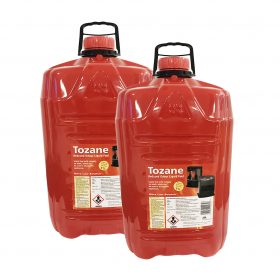 Two bottles of Tozane Fuel standing beside each other. The containers are red and squat, with large black handles