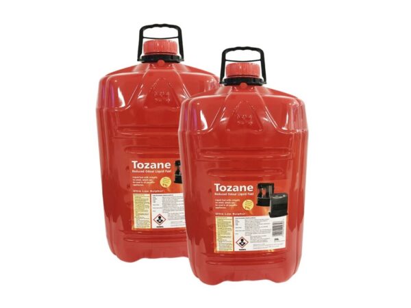Two bottles of Tozane Fuel standing beside each other. The containers are red and squat, with large black handles