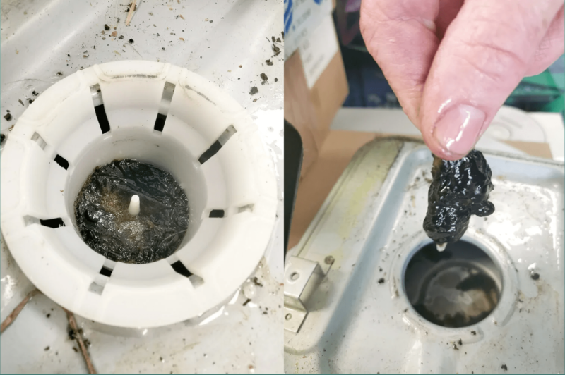 Thick clumps of black goo inside the filter of a paraffin heater, created by using kerosene in it