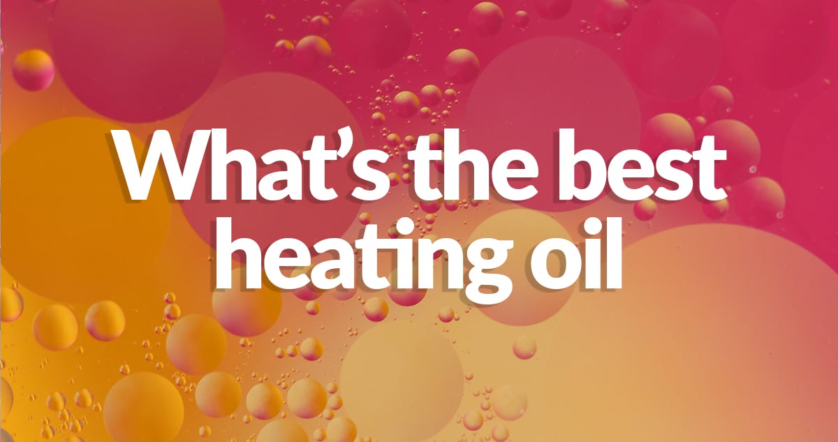 Oil and water mixing together against a pink and orange backlight with the text "what's the best heating oil" written on top