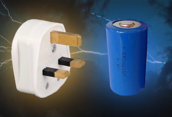 A plug main power and a large blue battery floating in the sky. They are clearly about to fight to the death, or something to that end. It is a battle to see what's better in a heater - mains power or battery power