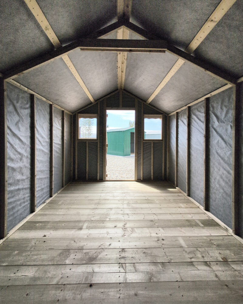 Inside the tall, extra-long shed, looking outwards