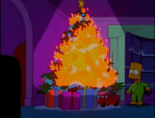 Bart Simpson looking on a Christmas Tree on fire. The walls are pink, bart is in his green pyjamas and a large orange flame is consuming the entire tree, which illuminates the room. The presents are red, pink and blue all wrapped with green bows.