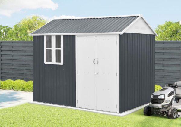 The 10ft x 6ft Steel Cottage sged in two-tone grey on a concrete base with a bright green lawn around it
