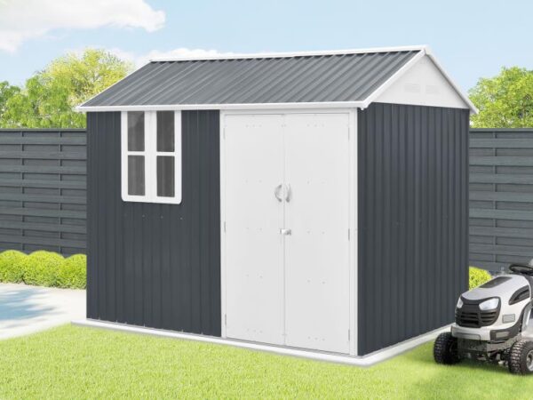 The 10ft x 6ft Steel Cottage sged in two-tone grey on a concrete base with a bright green lawn around it
