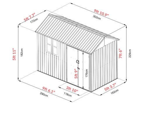 The dimensions for the 10ft x 6ft Steel Cottage shed. It's 9 foot 10 inches long, 5 foot 7.7 inches deep and 7 foot 6 inches tall. The door opens to 3 foot 10 inches and the door height is 5 foot 9 inches.
