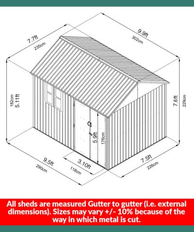 Dimensions of the 10ft x 7.5ft steel cottage shed