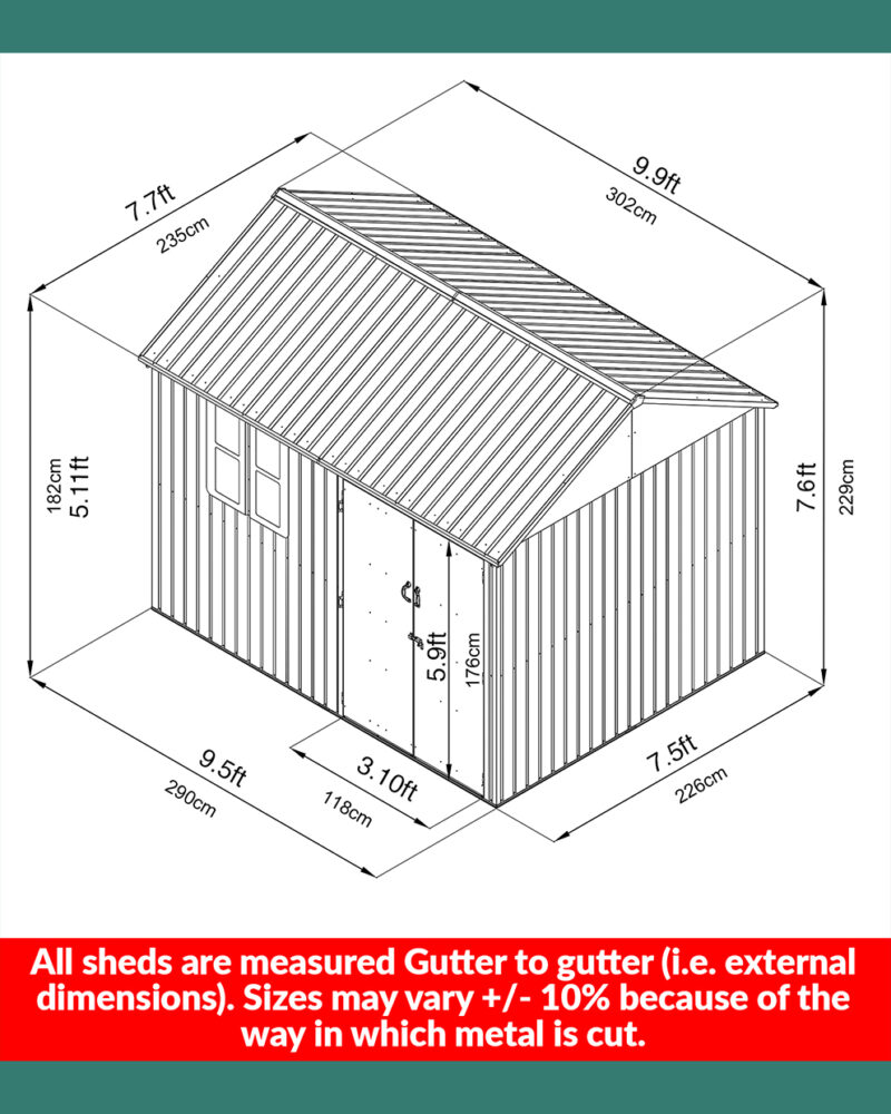 Dimensions of the 10ft x 7.5ft steel cottage shed