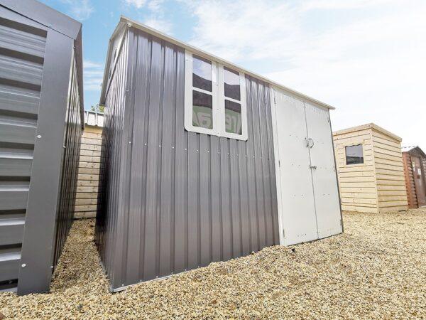 A low angled view of the 10ft x 6ft steel cottage garden shed