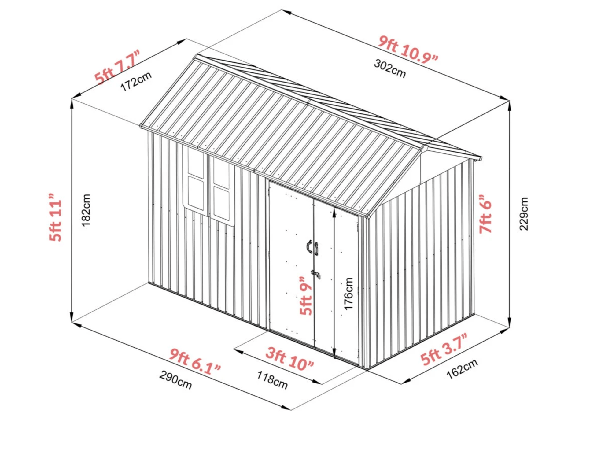 The dimensions of the 10ft x 6ft steel cottage shed