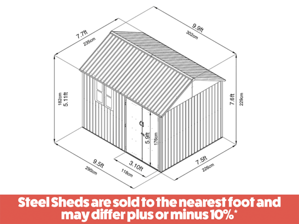 The dimensions of the steel cottage shed 10ft x 7.5ft