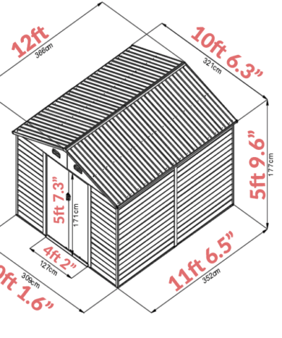 A graphic showing the dimensions of the 10ft x 12ft woodgrain shed. It's 10 foot 1.6 inches wide, 11 foot 6.5 inches long and 7ft tall.