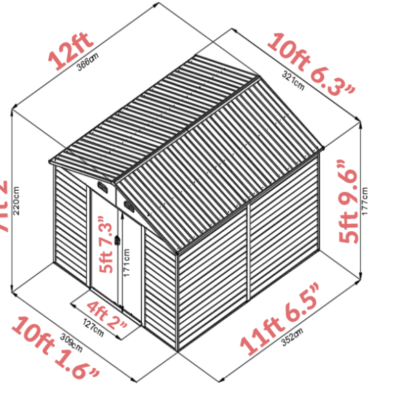 A graphic showing the dimensions of the 10ft x 12ft woodgrain shed. It's 10 foot 1.6 inches wide, 11 foot 6.5 inches long and 7ft tall.