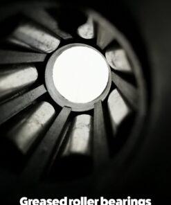 A macro, close photo of the inside of the wheels. It shows the greased roller bearings up close.