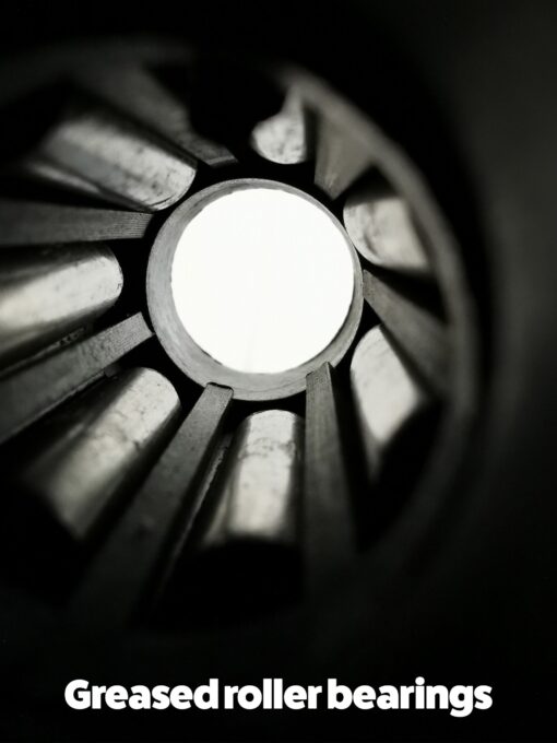 A macro, close photo of the inside of the wheels. It shows the greased roller bearings up close.