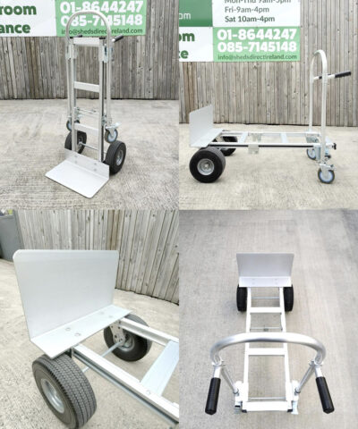 The 2 in 1 hand trolley from Sheds direct ireland. There are 4 photos joined into one here, showing off all the ways in which it can be used