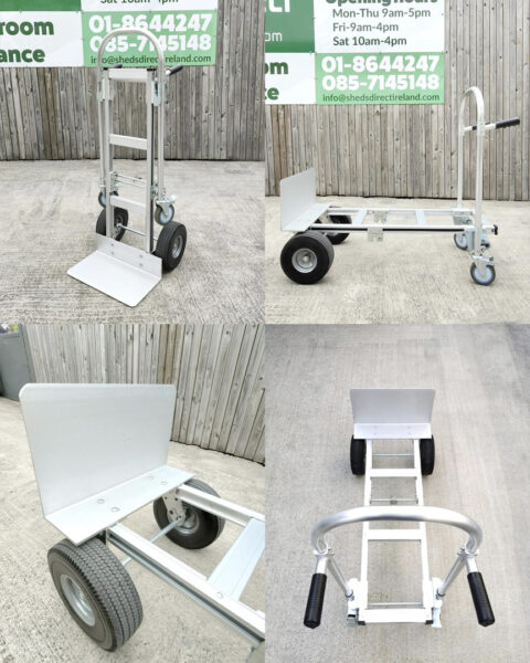 The 2 in 1 hand trolley from Sheds direct ireland. There are 4 photos joined into one here, showing off all the ways in which it can be used