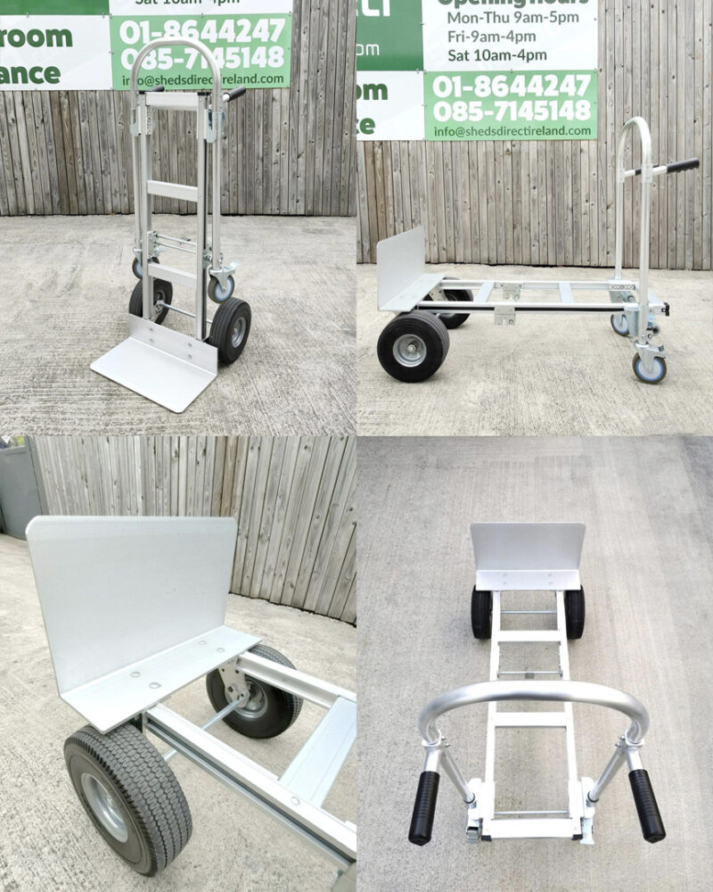 The 2 in 1 hand trolley from Sheds direct ireland. There are 4 photos joined into one here, showing off all the ways in which it can be used