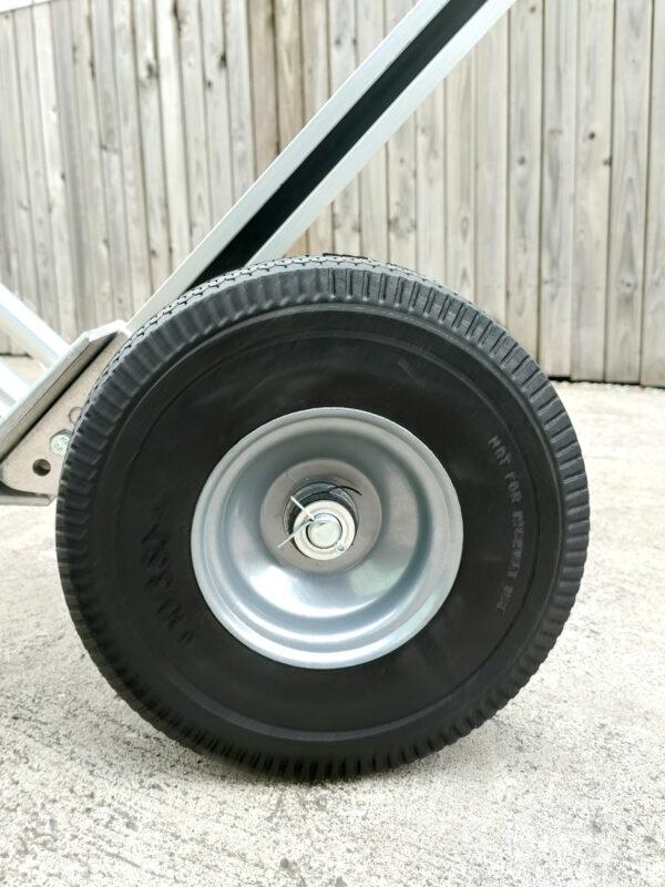 The large, black, solid wheels on the 3 in 1 hand truck