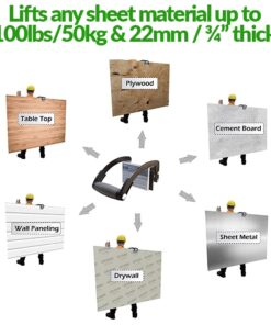 A picture showing all the materials that you can lift. Above it, it states 'lifts any sheet material up to 100lbs/50kg & 22mm / three-quarter inch thick