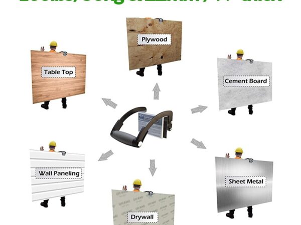 A picture showing all the materials that you can lift. Above it, it states 'lifts any sheet material up to 100lbs/50kg & 22mm / three-quarter inch thick