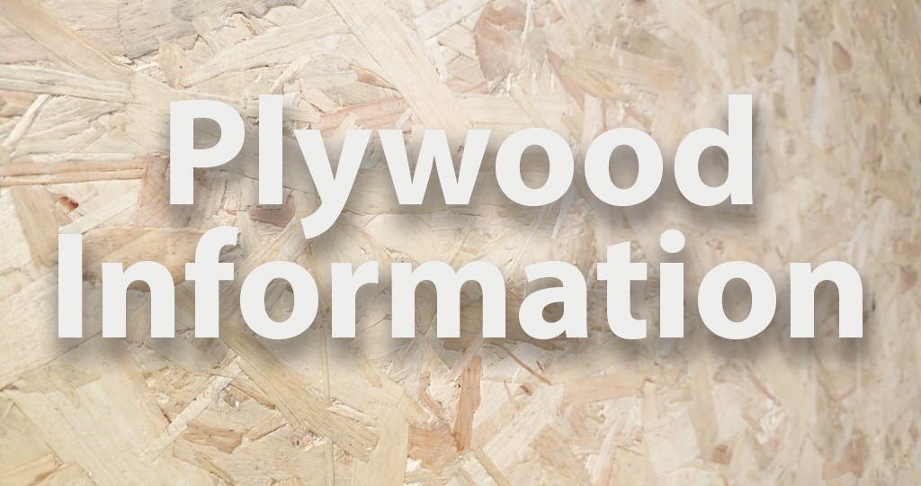 a macro picture of a plywood floor with the text 'plywood information' photoshopped on top of it. The wood is a pale brown and it's the chipped variery of plywood.