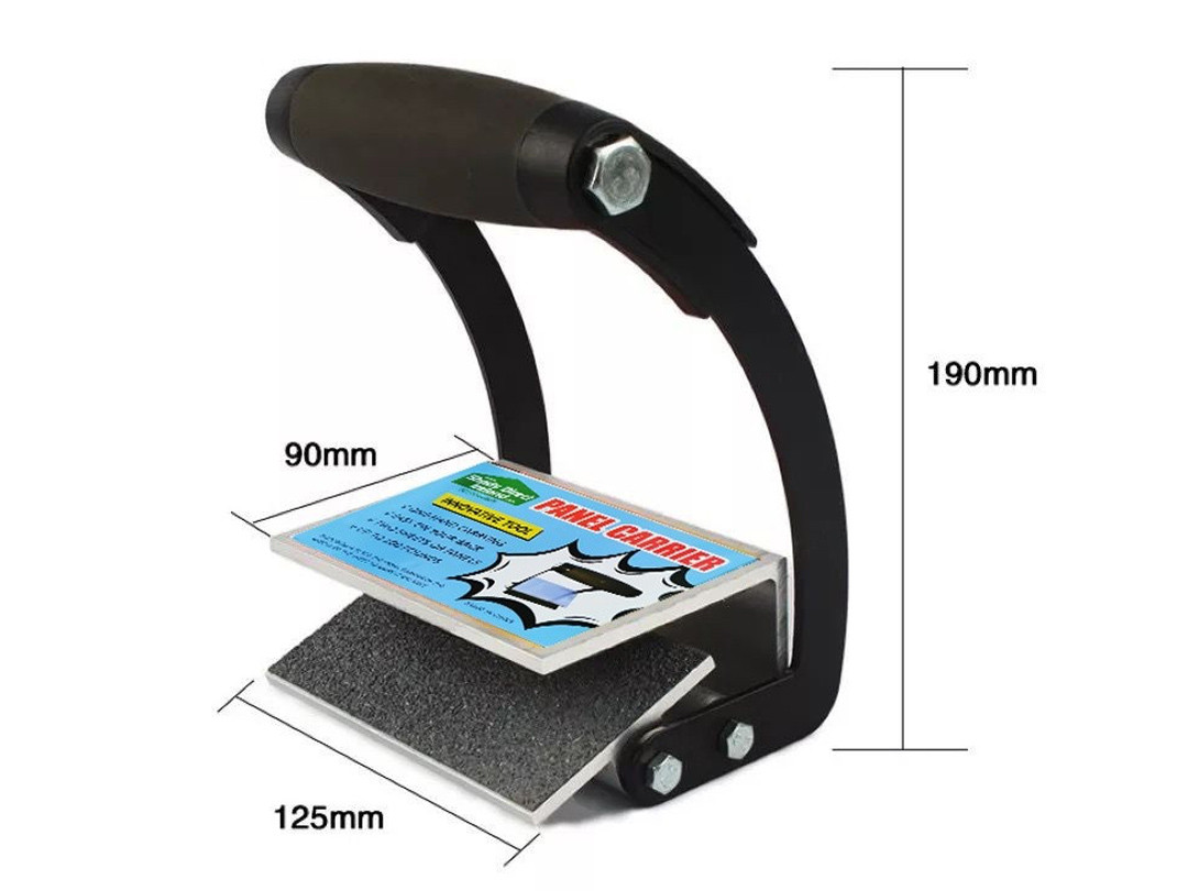 The Dimensions of the Panel Carrier Grip. It's 19cm high, 12.5cm wide and the depth of the grip plate is 9cm.