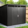 The Premium Pitched shed with the doors closed in a garden in Meath