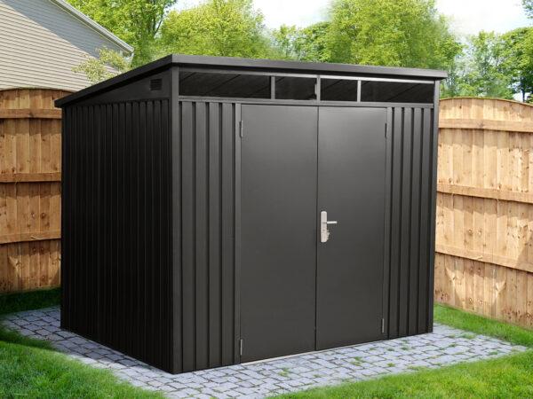 The Premium Pitched shed with the doors closed in a garden in Meath