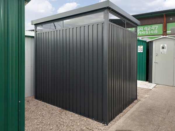 The back of the 8ft x 7ft Steel Panoramic Shed in the Sheds Direct Ireland Showroom