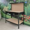 The black workbench from sheds direct ireland. It has four base legs, a low shelf, approximately 10cm off the floor. The tool drawer is 95cm off the floor and on top of this is a flat surface for working on. The back extends another 50cm up and it has holes on the backboard to attach tool hooks into.
