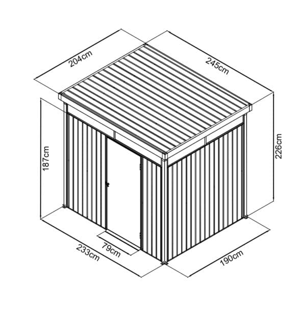 A technical drawing of the premium panoramix shed, showing all dimensions